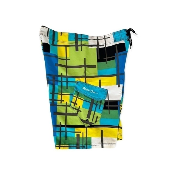 MAUI AND SONS Men's Sz 36 Blue Yellow Turquoise Black Geometric Boardshorts - Picture 3 of 6